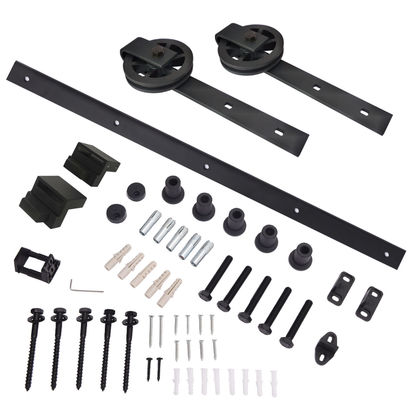 6.6FT ฮาร์ดแวร์ประตูยุ้งข้าวบานเลื่อนไม้เดี่ยว Basic Black Big Spoke Wheel Roller Kit